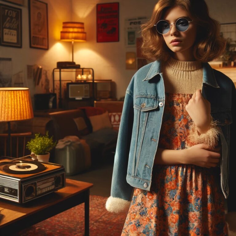 image of a vintage-inspired look, with clothes and accessories reflecting a mix of popular styles from the '60s through the '80s, set against a timeless, retro backdrop.